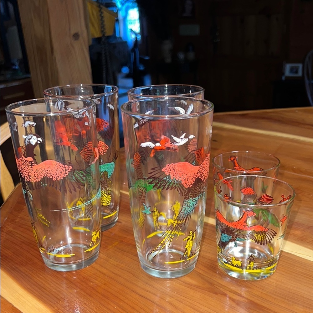 Vintage Hazel Atlas 5.5” Gold Wing Pheasant High Ball Glasses Set of 6 & 2 Shot